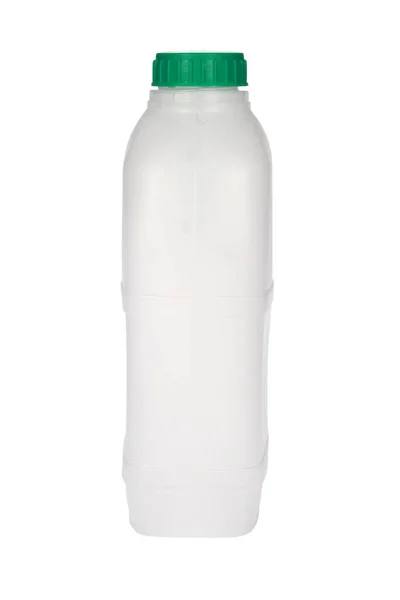 Függőleges Felvétel Egy Fehér Alapon Izolált Műanyag Tejesüvegről — Stock Fotó