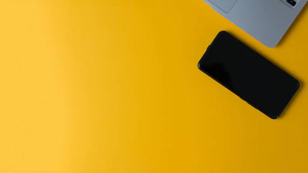 Top View Laptop Cellphone Yellow Background — Stock Photo, Image