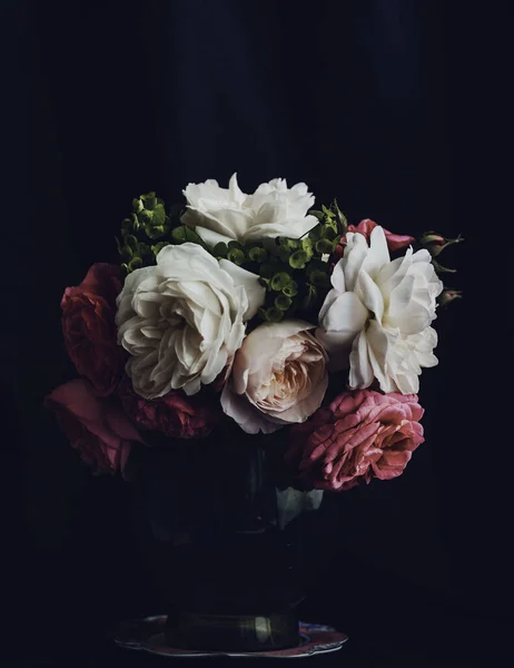 Beautiful Bouquet Pink White Peonies Dark Blue Background — Stock Photo, Image