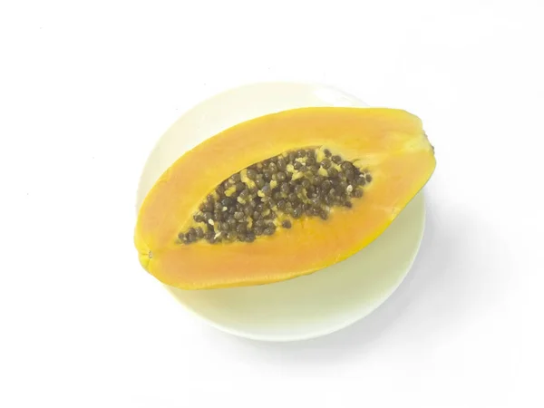 High Angle Shot Half Fresh Juicy Sweet Papaya Isolated White — Stock Photo, Image
