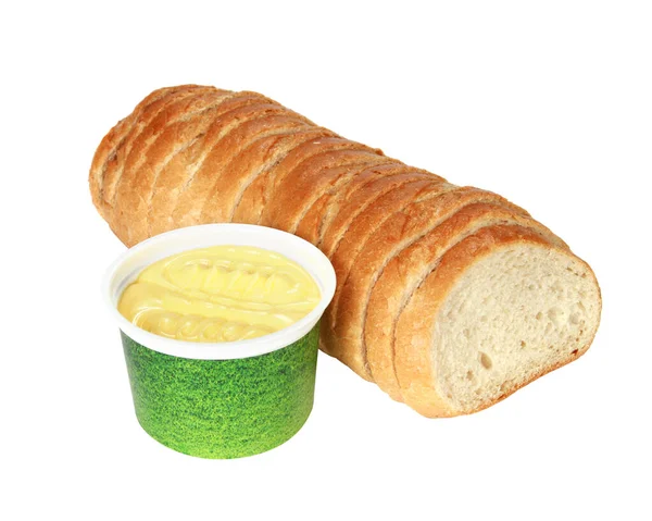 Een Close Van Een Wit Brood Een Kop Boter Een — Stockfoto