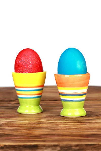 Vertical Shot Colorful Easter Eggs Egg Cups Table — Stock Photo, Image