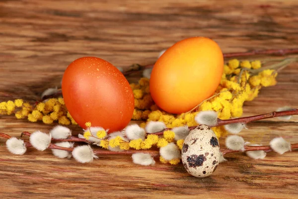 Closeup Two Colored Easter Eggs Willow Twigs Wooden Table — Stock Photo, Image