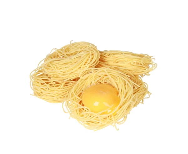 Een Close Hoge Hoek Shot Van Spaghetti Een Wit Oppervlak — Stockfoto