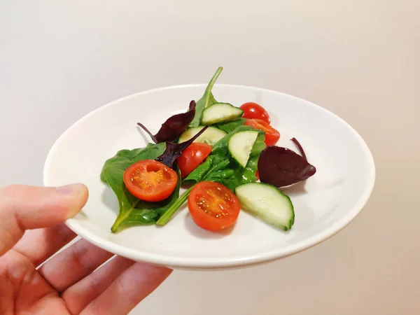 Una Mano Masculina Sosteniendo Plato Blanco Ensalada Verduras Frescas —  Fotos de Stock