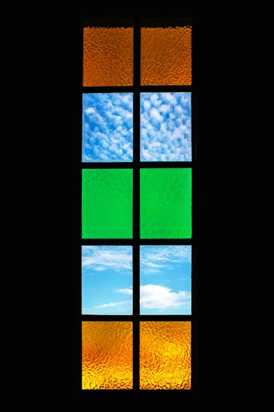 Vertical Shot Window Various Scenery Black Background — Stock Photo, Image