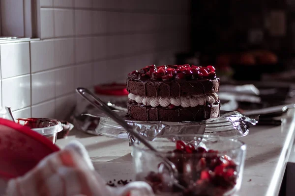 Closeup Delicious Chocolate Creamy Cake Fruits Plate — Stock Photo, Image