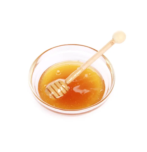 Bowl Fresh Honey Wooden Honey Stick Isolated White Background — Stock Photo, Image