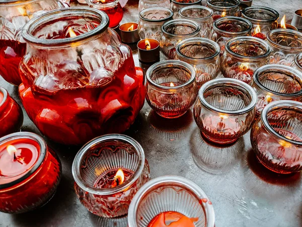 High Angle Shot Many Different Glasses Red Candles Surface — Stock Photo, Image