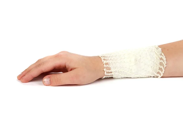 Tiro Close Curativo Medicina Mão Lesão Isolada Fundo Branco — Fotografia de Stock