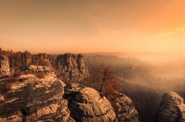 Krajina Skalnatých Výběžků Hor Pokrytá Stromy Pod Jasným Slunečním Světlem — Stock fotografie