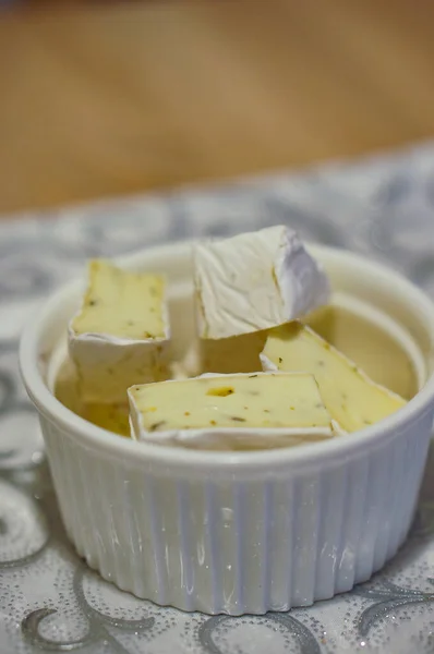 Vertical Shot Bowl Delicious Camembert Cheese Pieces Table — Stock Photo, Image