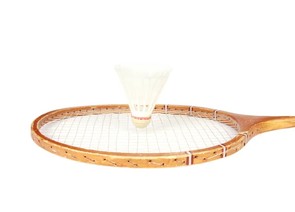 Skyttel Racket Vit Bakgrund Badminton Koncept — Stockfoto