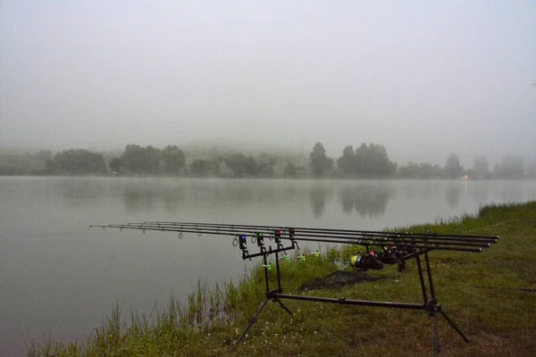 Primer Plano Soporte Cañas Pescar Fijado Por Lago Cubierto Densa — Foto de Stock