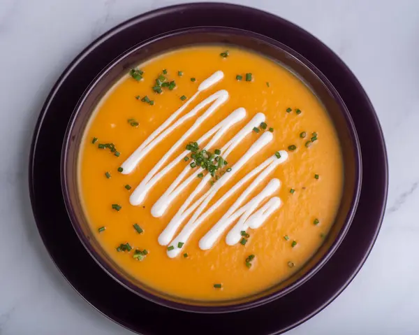 Une Photo Aérienne Une Délicieuse Soupe Citrouille Dans Bol Brun — Photo