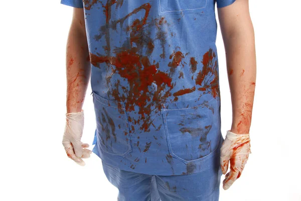 Närbild Skott Ung Manlig Läkare Full Blod Efter Operation Isolerad — Stockfoto