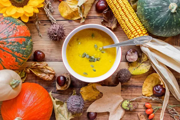 Pumpkin Soup Rustic Background Different Vegetables — Stock Photo, Image