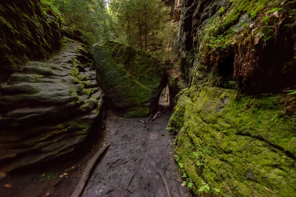Stezka Obklopená Skalnatými Útesy Zablokovaná Obrovskou Skálou Národním Parku Saské — Stock fotografie