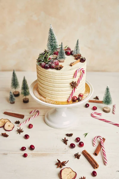 Вертикальный Снимок Белого Торта Рождественскими Украшениями — стоковое фото