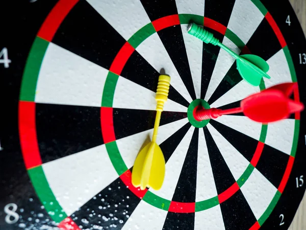 Closeup Shot Three Colored Darts Dartboard Stock Image