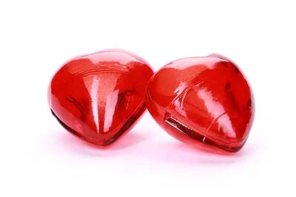 Zwei Herzen Aus Glas Auf Weißer Oberfläche Valentinstag Konzept — Stockfoto