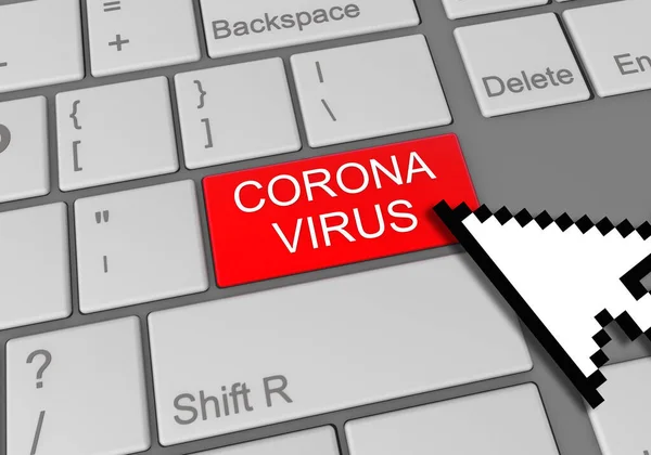 鼠标点击红色Coronavirus按钮的计算机键盘的数字图像 — 图库照片