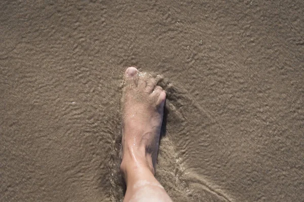 Высокоугольный Снимок Ноги Человека Мокрой Песчаной Почве Природном Парке Оямбре — стоковое фото