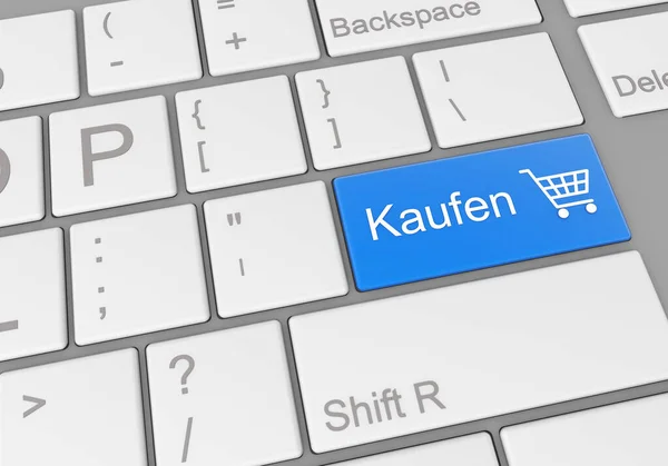 Digital Illustration Computer Keyboard Blue Button Shopping Online German — Stock Photo, Image