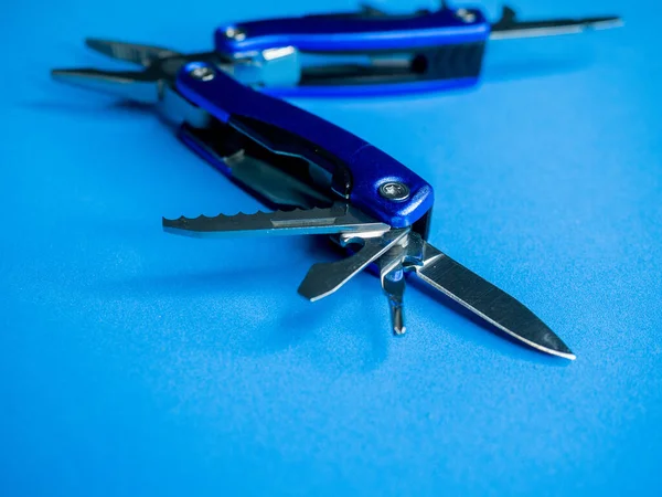 Closeup Shot Blue Utility Pocket Plier Blue Surface — Stock Photo, Image