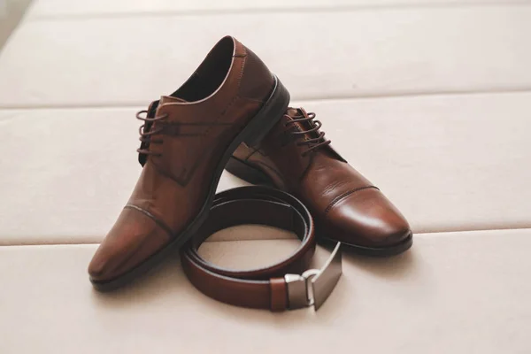 Plan Grand Angle Une Paire Chaussures Oxford Marron Avec Une — Photo