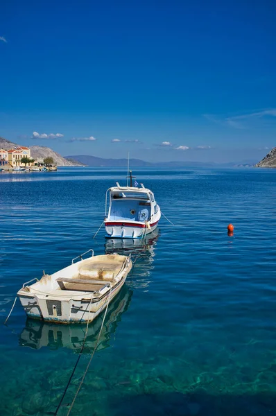 Vertical Shot Seascape Parked Boat Symi Greek Island — Stock Photo, Image
