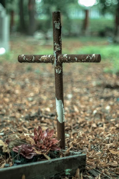 Tiro Vertical Uma Cruz Sepultura Cemitério — Fotografia de Stock