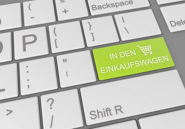 德国网上购物用的带绿色购物车按钮的计算机键盘的数字图像 — 图库照片