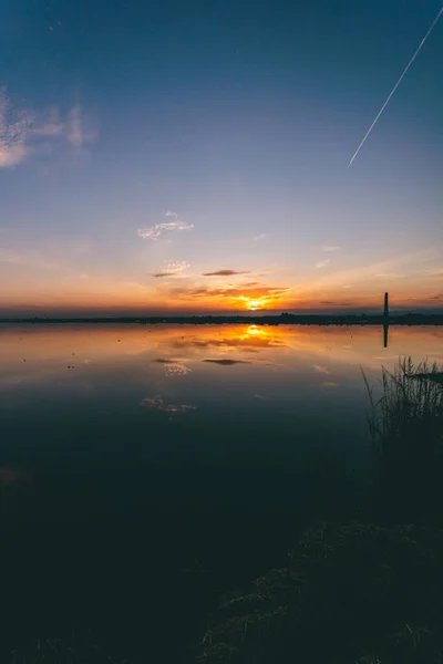 Coucher Soleil Lac Albufera Valencia Avec Reflet Ciel — Photo