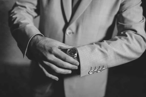 Greyscale Shot Male Checking Time His Watch — Stock Photo, Image