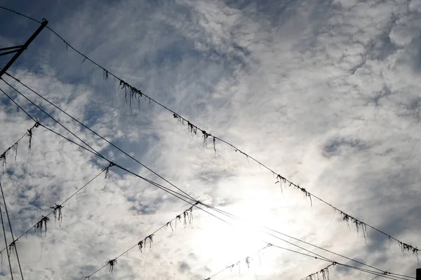 曇り空の下で相互に接続されているワイヤの低角度ビュー — ストック写真
