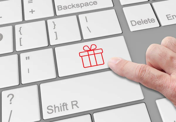 Person Clicking Special Button Gift Box Laptop Keyboard — Stock Photo, Image