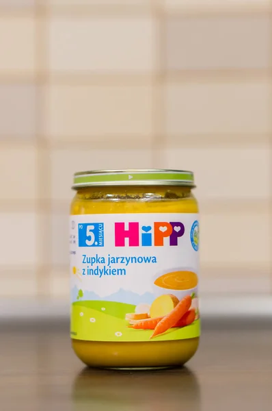 Poznan Polsko Ledna 2018 Hipp Baby Food Soup Turkey Jar — Stock fotografie