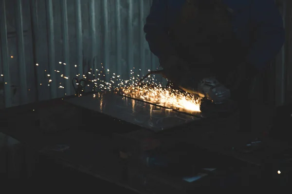 Worker Using Grinder Machine Glass Flying Sparkles — 图库照片