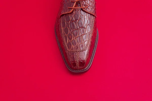 Высокий Угол Съемки Роскошной Коричневой Обуви Человека Изолированном Красном Фоне — стоковое фото