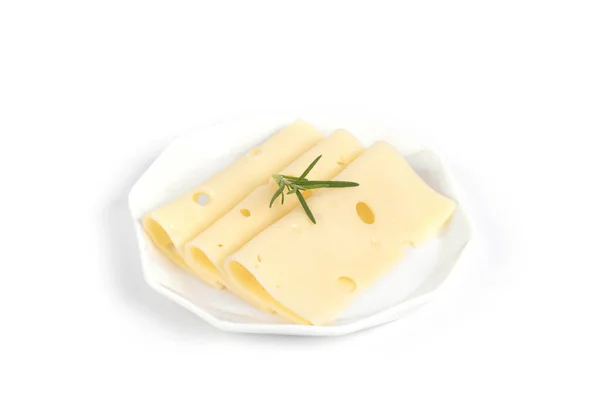 Closeup Swiss Cheese Slices Rosemary Plate Isolated White Background — Stock Photo, Image