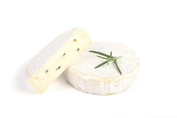 Gros Plan Fromage Camembert Romarin Isolé Sur Fond Blanc — Photo