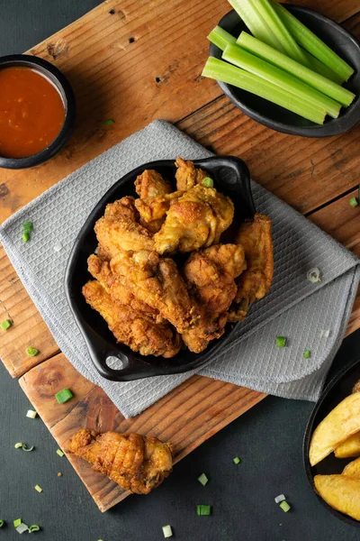 Overhead Shot Delicious Crispy Fried Chicken Ketchup Celery Sticks Wooden — 스톡 사진