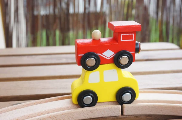 Tiro Foco Seletivo Trem Brinquedo Vermelho Carro Brinquedo Amarelo — Fotografia de Stock