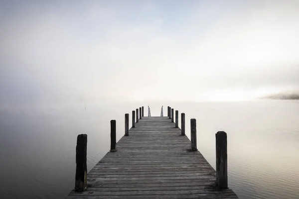 Una Toma Escala Grises Muelle Madera Que Conduce Océano —  Fotos de Stock