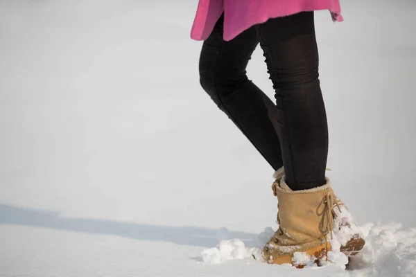 Closeup Female Wearing Pair Boots Pants Standing Snow — 스톡 사진