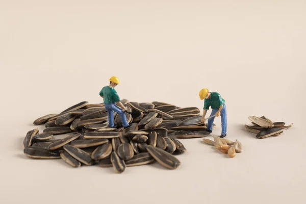 Primer Plano Figuras Trabajo Miniatura Sobre Una Pila Semillas Girasol — Foto de Stock