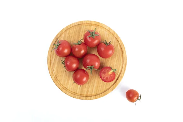 Fresh Cherry Tomatoes Wooden Tray Isolated White Background — Stock Photo, Image