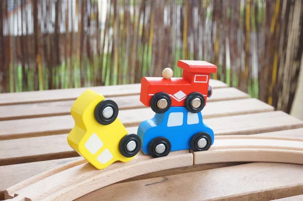 Closeup Shot Red Toy Train Blue Yellow Toy Cars Wooden — Stock Photo, Image