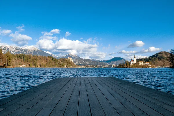 Una Vista Del Muelle Madera Mezcla Del Lago Eslovenia —  Fotos de Stock